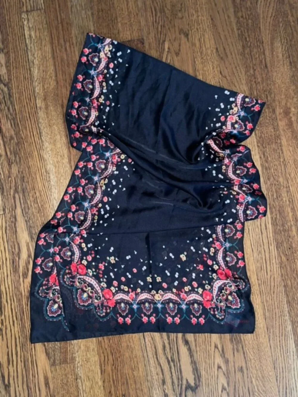 NEW Vince Camuto Black with Floral Border Silky Scarf Shawl
